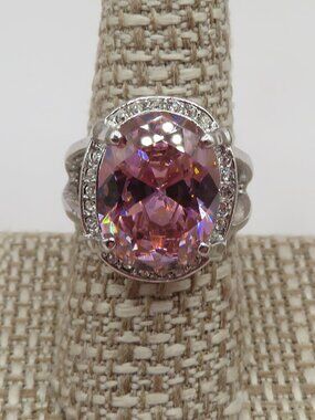 Pink Oval Rhinestone Halo Style Silver Tone Ring